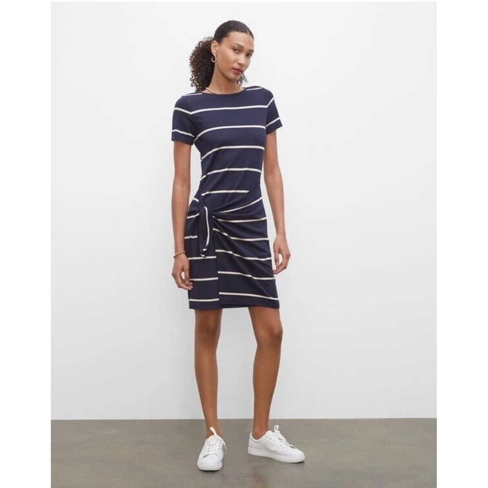 Club Monaco Striped Side Tie T-Shirt Dress Size L Nautical Preppy Navy Blue